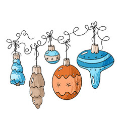 Cute Christmas clipart set of decorations and ornaments on the ribbon, elements for designing greeting cards, labels, seasonal stickers, and holiday, illustration isolated on white background