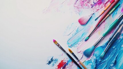 Obraz premium Art supplies are arranged in a flat lay, showcasing colorful brushes, paints, and blank paper ready for creative expression. Generative AI