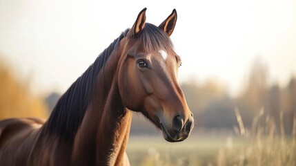 Obraz premium Majestic Brown Horse in Peaceful Meadow Captured During Golden Hour Rural Serenity