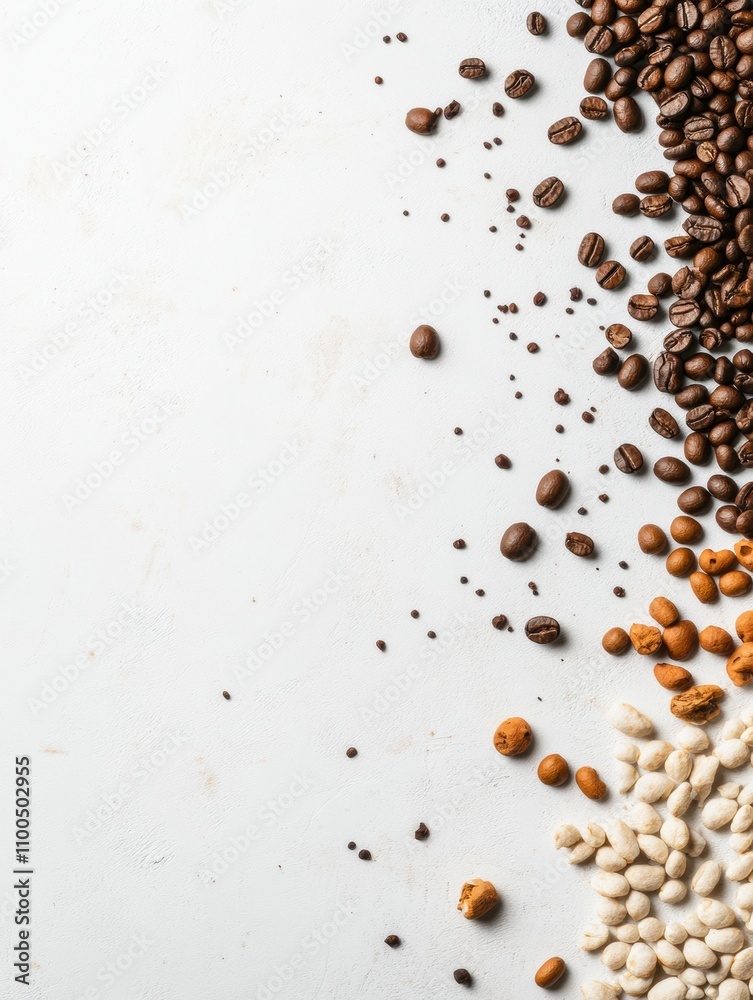 Leinwandbilder various types of coffee beans are spread on a white background, showcasing a rich assortment with bl
