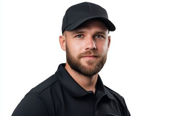 A man wearing a black hat and a black shirt is smiling