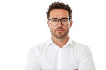 Fototapeta premium A man with glasses and a beard is wearing a white shirt