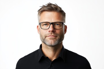 Obraz premium A man with glasses is wearing a black shirt