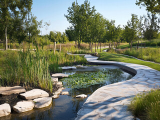 Fototapeta premium Recreational Urban Wetland Park: Blending Flood Control with Environmental Sustainability for Community Enjoyment and Natural Spaces