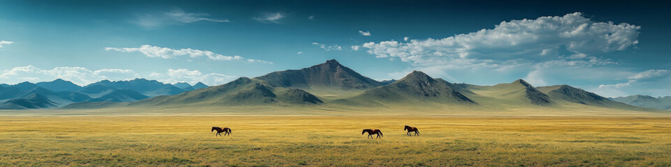 Three horses stand on a vast grassland with a mountain range in the background. Concept of nature tranquility and beauty. For landscape photo.