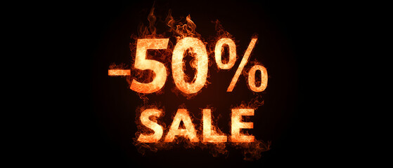 burning -50% sale sign isolated over one color black background; simple, catching eye design; concept of fifty percent fire discount announcement; savings, promotion, wintery clearence