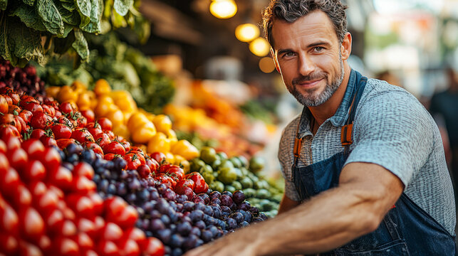 Caucasian male adult sorting fresh produce at farmer's market stall