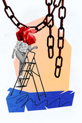 Vertical photo collage of anonym girl instead head crumpled paper climb ladder development chain...