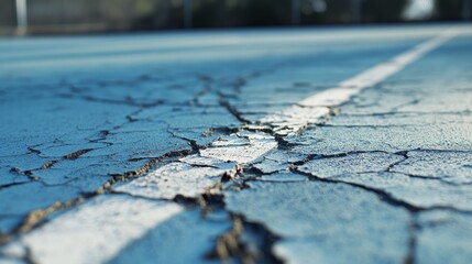 Obraz premium A close-up of a tennis court’s surface wear and cracks with a focus on the texture and pattern, outdoor setting with morning light, Detailed style