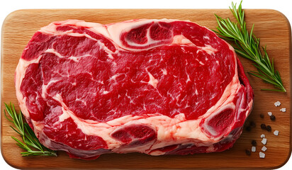 Fototapeta premium Fresh raw ribeye steak on a wooden cutting board with rosemary sprigs, salt, and peppercorns