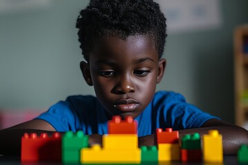 A young boy is sitting at a table with a pile of colorful blocks in front of him