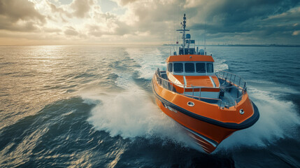 Obraz premium Vibrant orange rescue boat navigates calm waters under dramatic sky