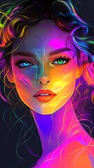 Naklejka premium Brightly Colored Digital Portrait of a Woman With Vivid Facial Features and Abstract Patterns Showcasing Modern Art Style