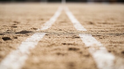 A close-up of a volleyball court&rsquo;s boundary line with a focus on the paint and sand, outdoor setting with overcast sky, Clean style