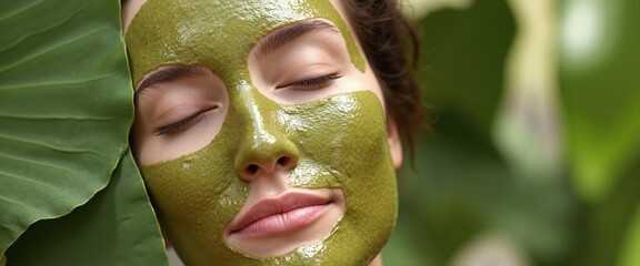 Woman with serene expression wearing green facial mask against tropical leaves