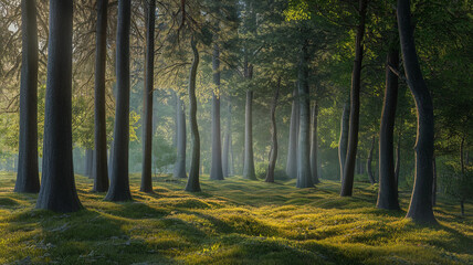 Obraz premium Sunlight Streaming Through Forest Trees in Early Morning 