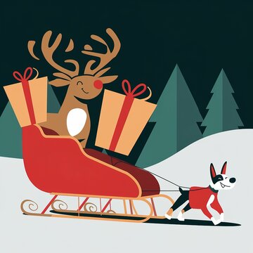 Festive Christmas illustration of a dog pulling a red sleigh carrying a cheerful reindeer and holiday gifts through the winter snow.