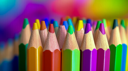 Fototapeta premium Vibrant close-up of multicolored pencil tips on bright background