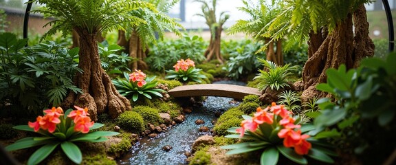 Miniature Tropical Garden with Lush Ferns and Vibrant Flowers in Terrarium Setting