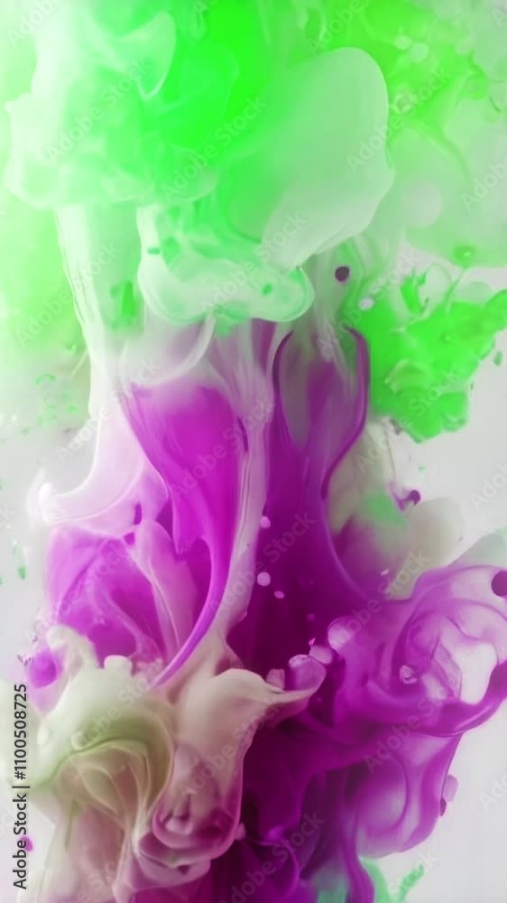 Poster Abstract animation of contemporary organic forms in the form of flowing colored clouds that merge into one another. Bright shades of green, purple and white create a dynamic and vibrant movement. The 