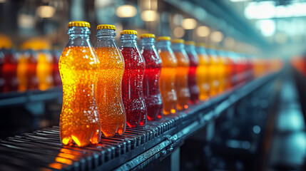 Colorful soda bottles on conveyor belt in beverage factory production line