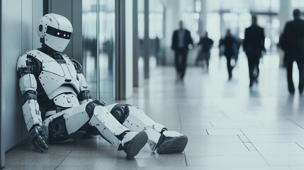 Futuristic robot malfunctioning and sitting on ground in busy hallway with businesspeople walking