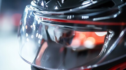 Obraz premium A close-up of an ice hockey helmet’s visor with a focus on the clarity and reflections, indoor setting with arena lighting, Clean style