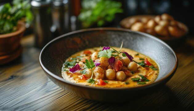 Middle Eastern Dish: Fattet Hummus With Chickpeas, Served In A Bowl On A Wooden Table - Side View Of Authentic Cuisine