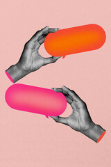 Vertical trend artwork 3d sketch image photo collage of hands hold bubble icon notification speech...