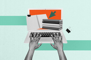 Sketch image trend artwork montage 3D photo collage of two hand hold student press keypad laptop...