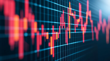 Abstract financial data chart with red and orange bar graphs on a grid background