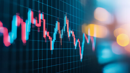 Financial market chart with dynamic red and blue candlestick patterns