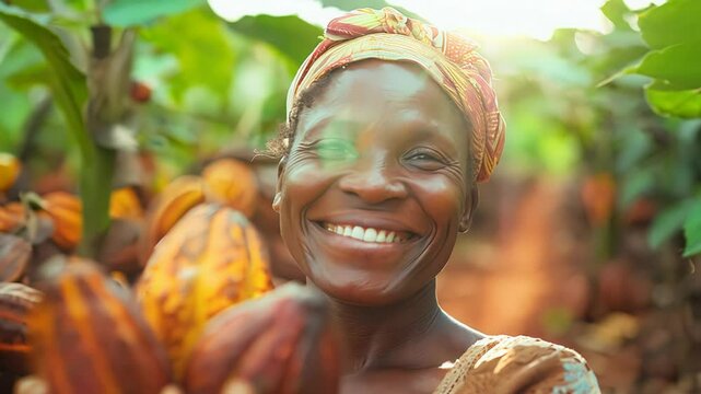 Female farmer in Madagascar showcases vibrant ripe cocoa pods during harvest season