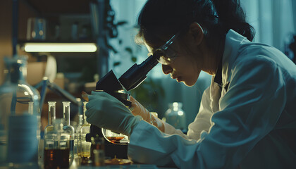 professional chemist woman laboratory using scientific microscope for science research, chemistry scientist with microbiology medicals equipment technology to working with medicine biology experiment