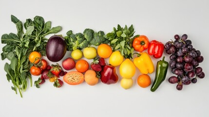 A vibrant mix of fresh fruits and vegetables is elegantly displayed against a white background, showcasing their colors and health benefits. Generative AI