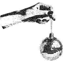 Hand holding disco ball with vintage stippled photocopy texture. Vintage New Year's Eve disco party retro graphic collage element. Vector illustration