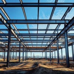 Industrial steel structure under a clear blue sky at a construction site.
