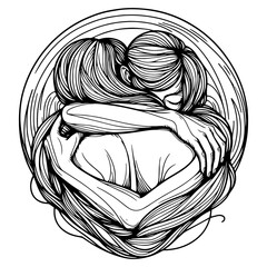 Abstract black and white line art of two people embracing. Vector, generative ai.