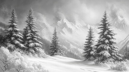 Snow covered mountain range with evergreen trees