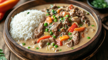 Filipino Bicol Express with tender pork in a rich, spicy coconut milk sauce