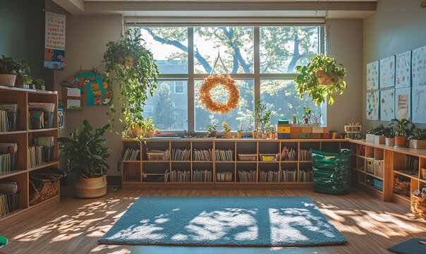 A serene classroom with a nature-themed decor including plants and natural light promoting a calm and inspiring learning environment