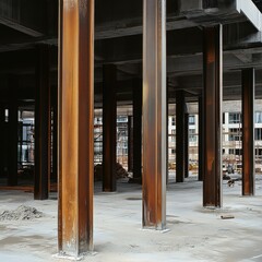 Fototapeta premium Interior view of a construction site showcasing steel support beams and unfinished structure.