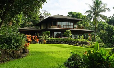 A serene house surrounded by lush greenery under a clear sky, embodying tranquility and natural beauty