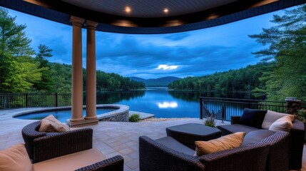 Fototapeta premium Stunning property on Lake Keowee in Georgia featuring a large patio, columns, and a full moon illuminating the tranquil water at dusk