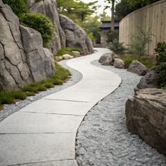 Fototapeta premium Gray wild stone garden path winding through landscaped area with natural elements and greenery