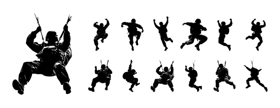 Silhouette vector set of soldiers skydiving and parachuting poses