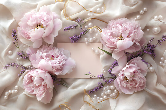 Soft pink peonies and delicate lavender on a cream fabric backdrop with pearls