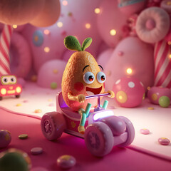 Obraz premium A rainbow talking fruit in a stylized style with glowing lighting in a candy land, showing a person riding a vehicle.