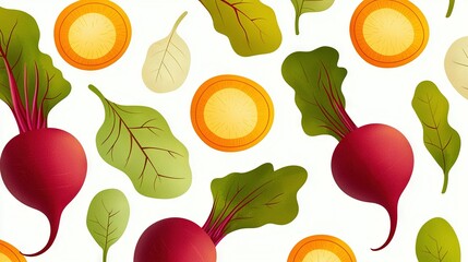   Pattern of radishes, leaves, and oranges against white background