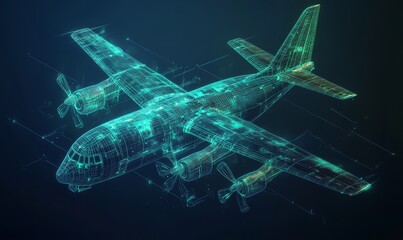 Obraz premium Cargo plane depicted in digital illustration with blue and green wireframe against a dark background